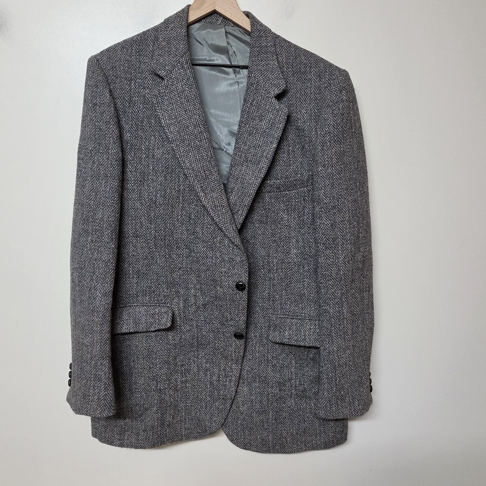 Vintage Harris Tweed Blazer Mens 46 Long Gray Herringbone 100% Wool Sport Coat
